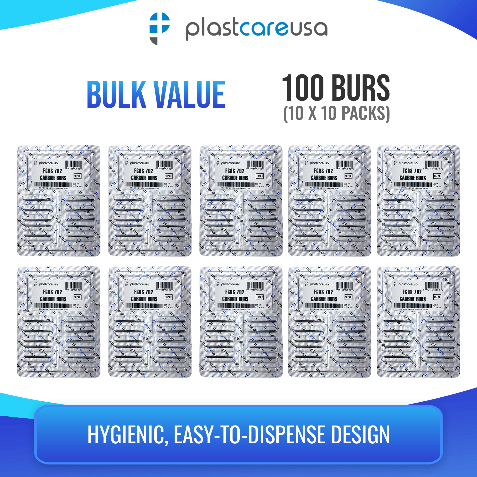PlastCare USA 702 Surgical Carbide Burs 100-Pack FG - detail view | DoctorSupplies.com