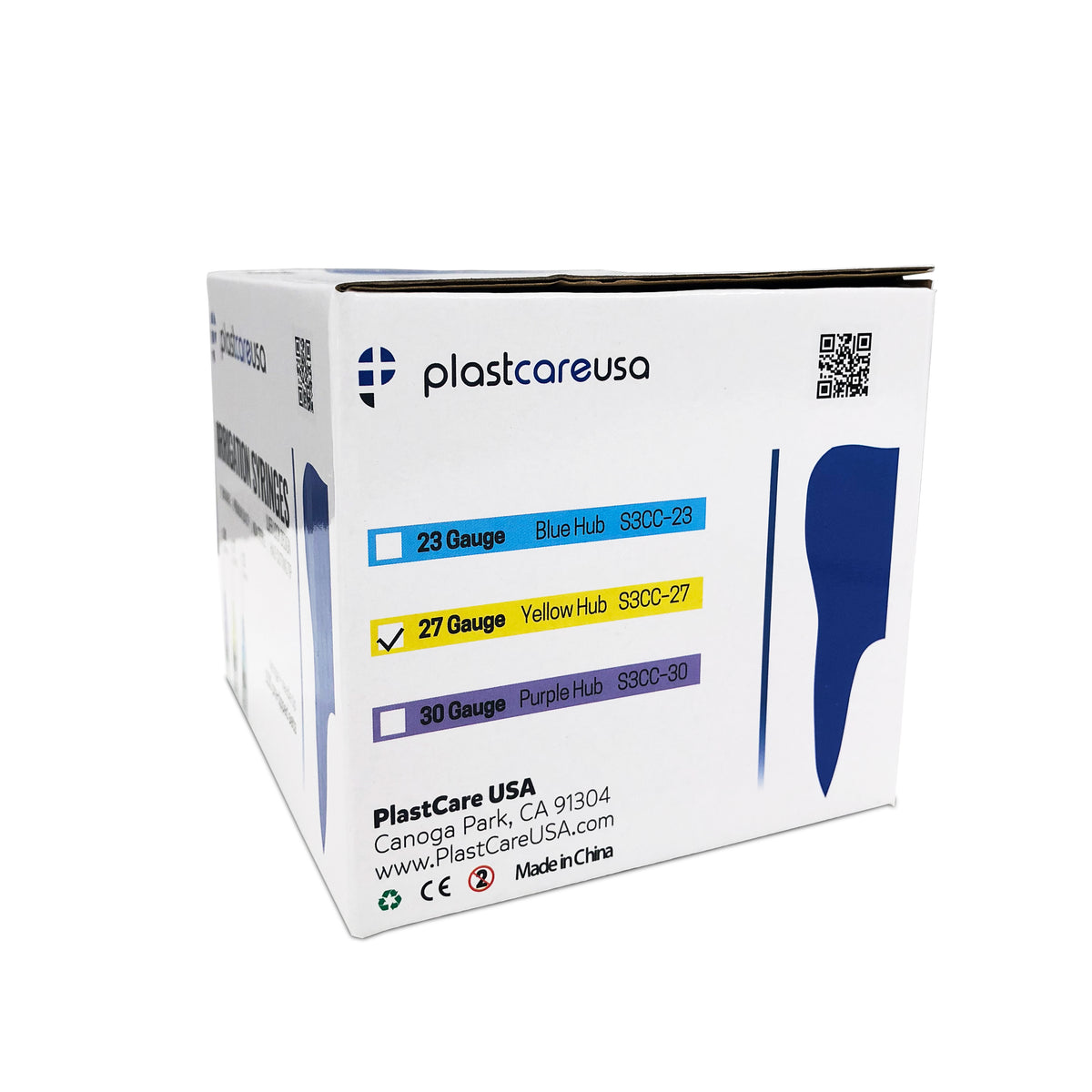 3cc Irrigation Syringes 27G Yellow Tips - 100/Box | PlastCare USA - side view | DoctorSupplies.com