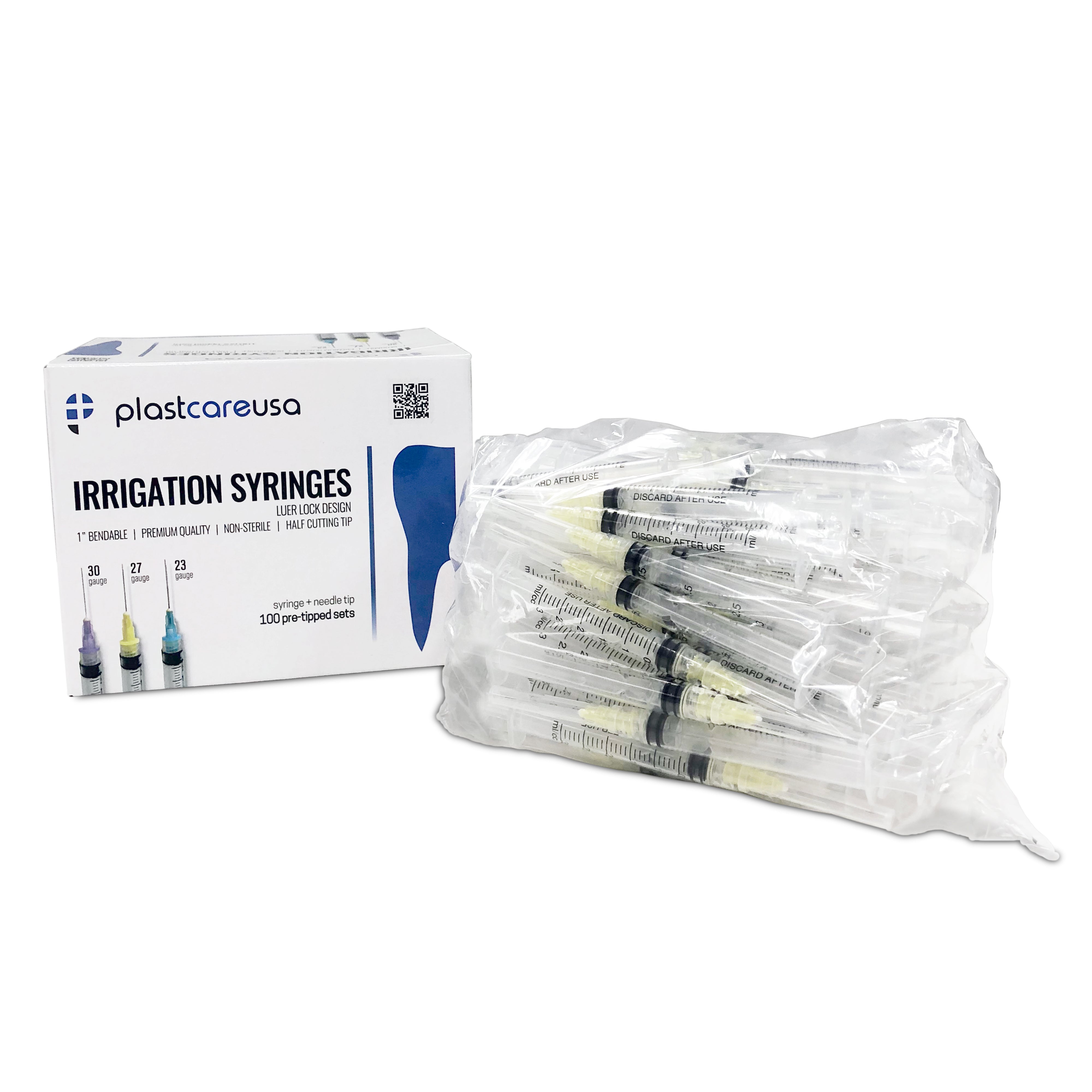 25 x 3cc 27 Gauge Irrigation Syringes & Tips, Yellow (1 Bag) - front view | DoctorSupplies.com