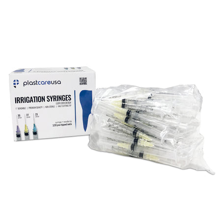25 x 3cc 27 Gauge Irrigation Syringes & Tips, Yellow (1 Bag) - front view | DoctorSupplies.com