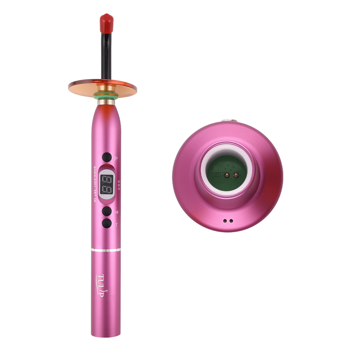 Tulip Cordless Dental 4 LED Curing Light – 1200 mW/cm² 430-485nm Stainless Steel Design (Pink) - front view | DoctorSupplies.com