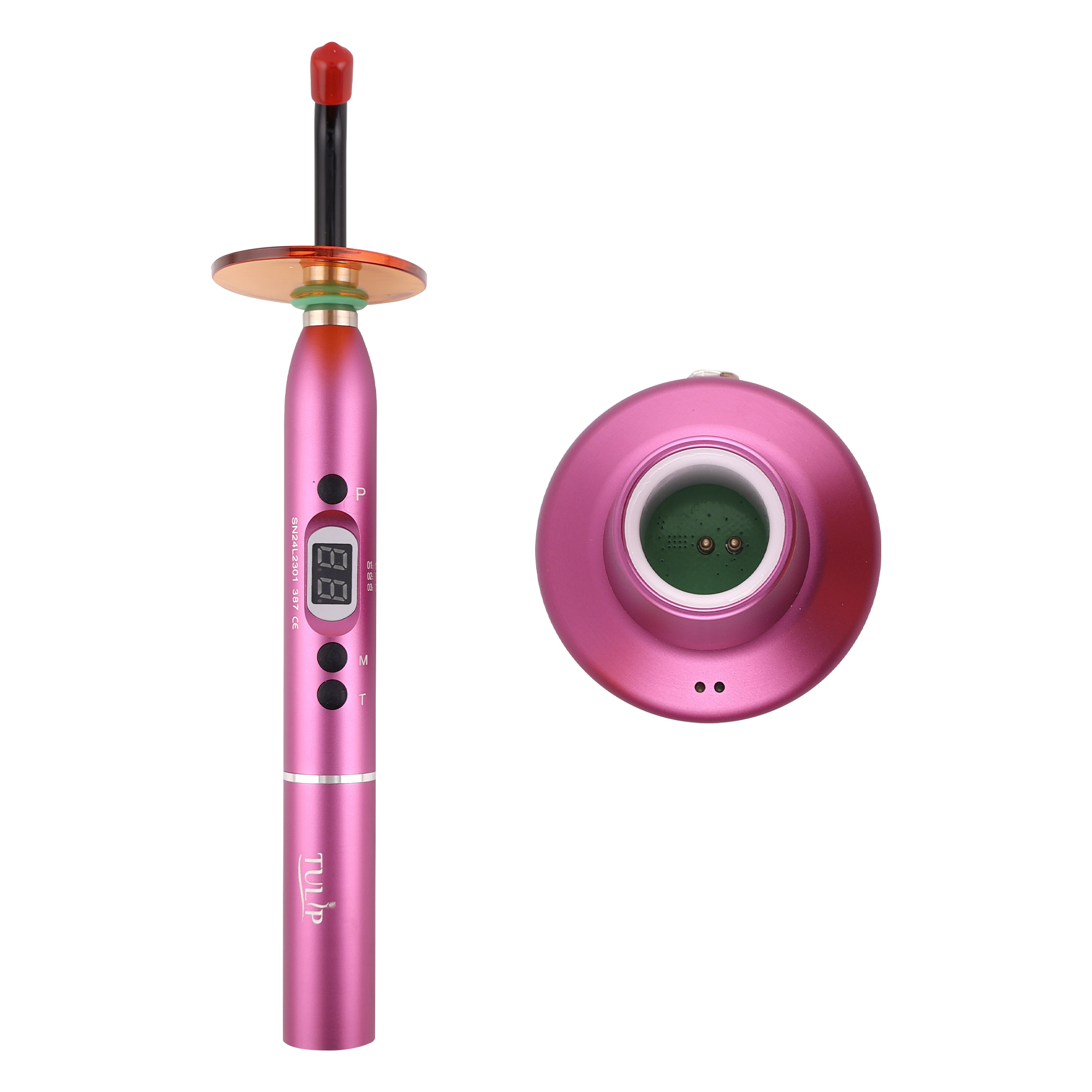 Tulip Cordless Dental 4 LED Curing Light – 1200 mW/cm² 430-485nm Stainless Steel Design (Pink) - front view | DoctorSupplies.com