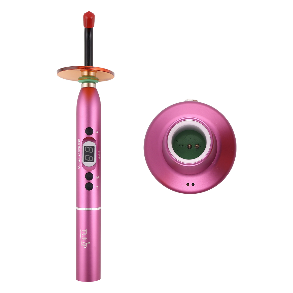 Tulip Cordless Dental 4 LED Curing Light – 1200 mW/cm² 430-485nm Stainless Steel Design (Pink) - front view | DoctorSupplies.com