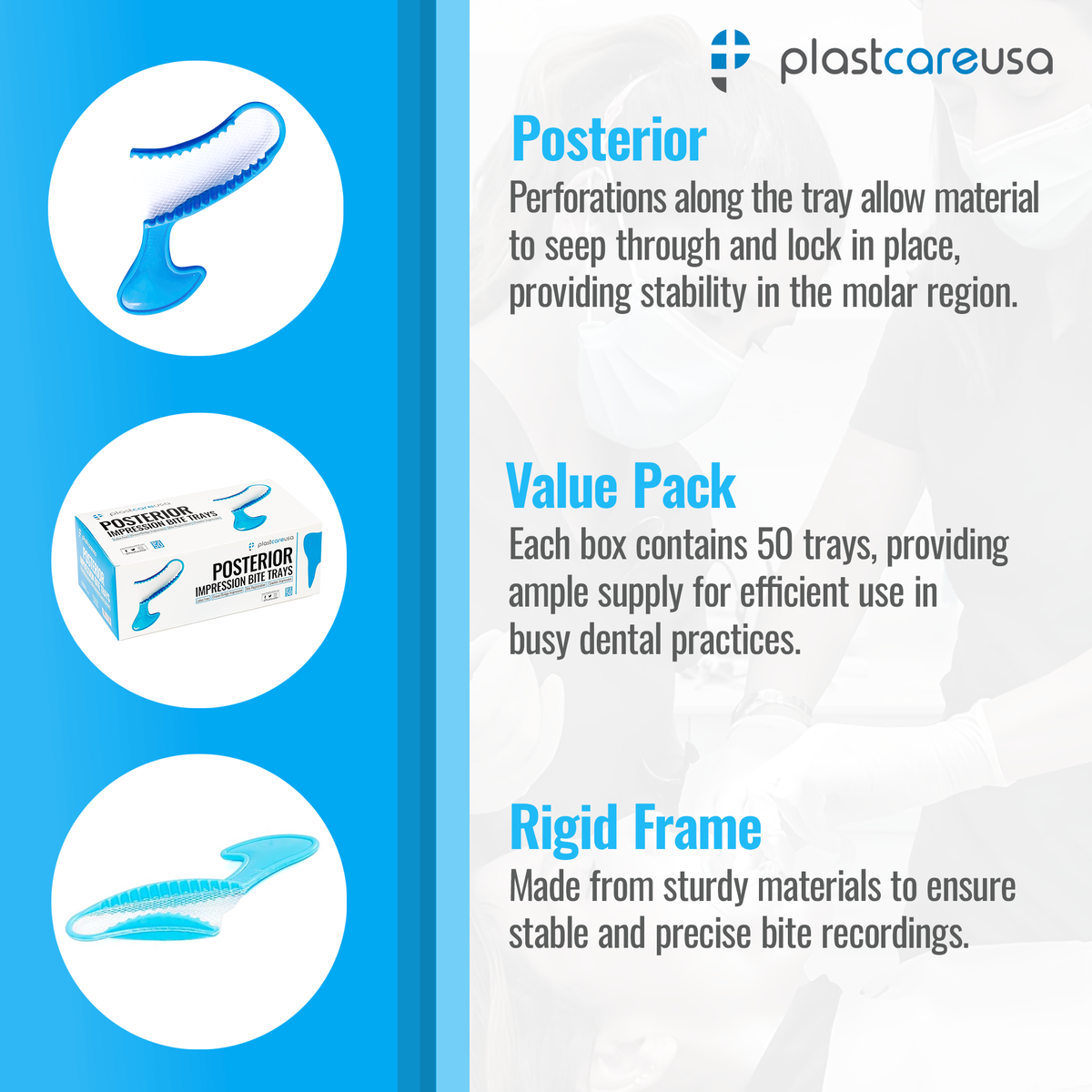 Posterior Blue Bite Registration Trays - 50/Box | Dental Supplies - back view | DoctorSupplies.com