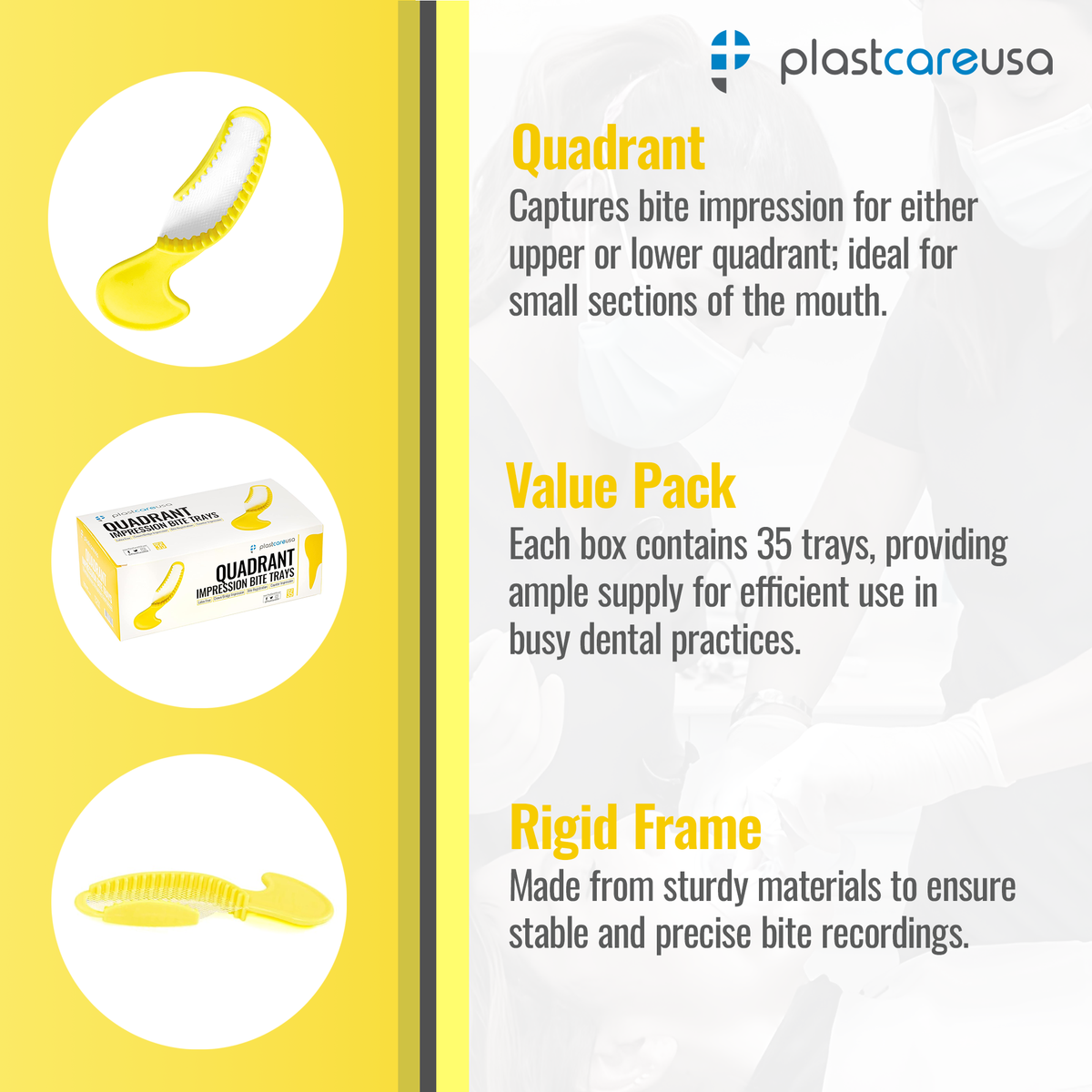 35 x Quadrant Yellow Bite Registration Impression Trays (1 Box) - back view | DoctorSupplies.com