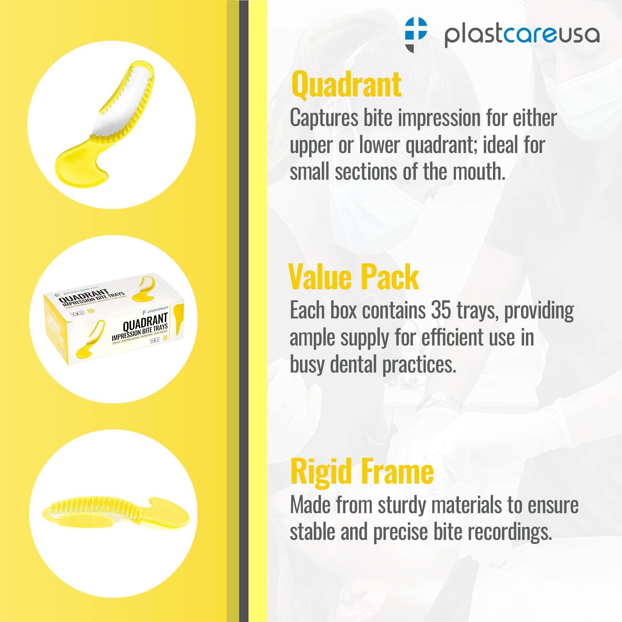 35 x Quadrant Yellow Bite Registration Impression Trays (1 Box) - back view | DoctorSupplies.com