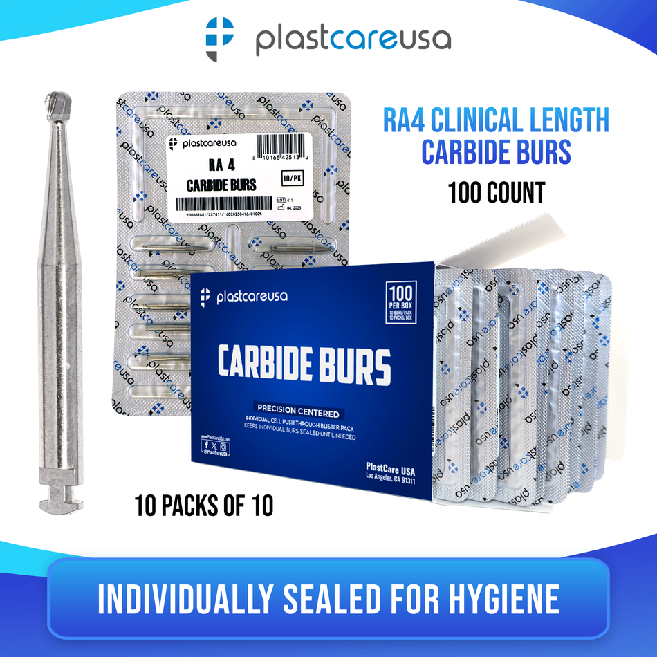 PlastCare USA RA 4 Carbide Burs 100 Pack for Slow-Speed Handpieces - front view | DoctorSupplies.com