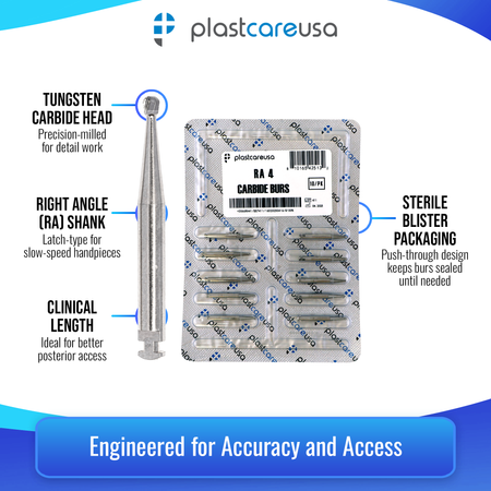 PlastCare USA RA 4 Carbide Burs 100 Pack for Slow-Speed Handpieces - side view | DoctorSupplies.com