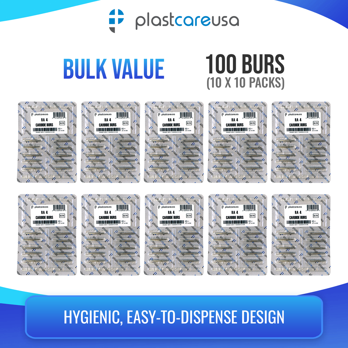 PlastCare USA RA 4 Carbide Burs 100 Pack for Slow-Speed Handpieces - back view | DoctorSupplies.com