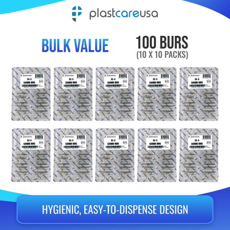 PlastCare USA RA 4 Carbide Burs 100 Pack for Slow-Speed Handpieces - back view | DoctorSupplies.com
