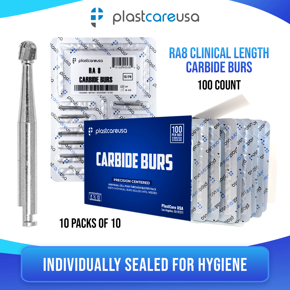 PlastCare USA RA8 Carbide Burs - 100 Pack for Slow Speed - back view | DoctorSupplies.com