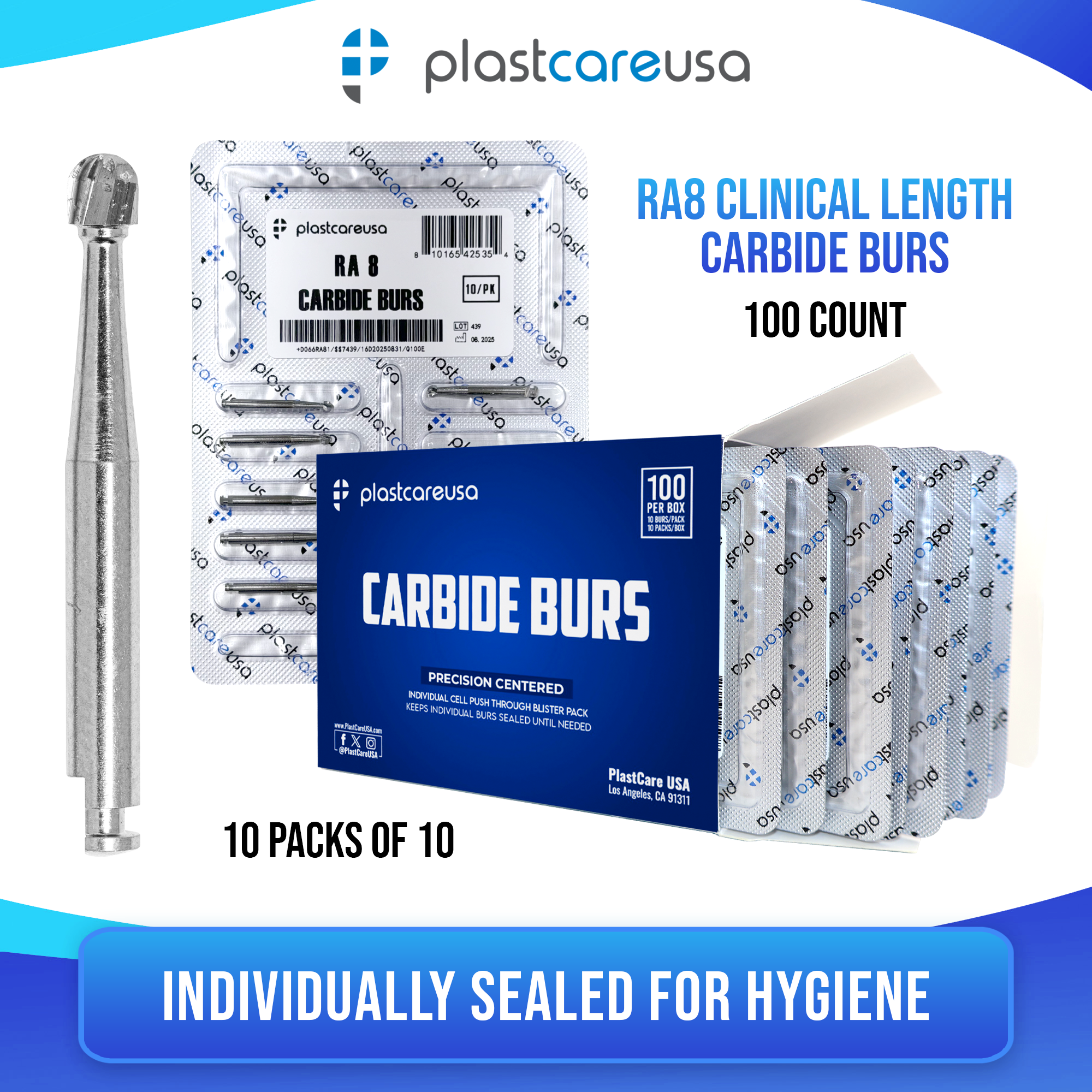 PlastCare USA RA8 Carbide Burs - 100 Pack for Slow Speed - back view | DoctorSupplies.com