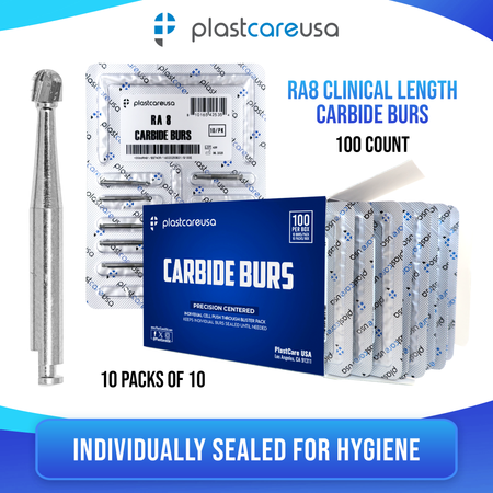 PlastCare USA RA8 Carbide Burs - 100 Pack for Slow Speed - back view | DoctorSupplies.com