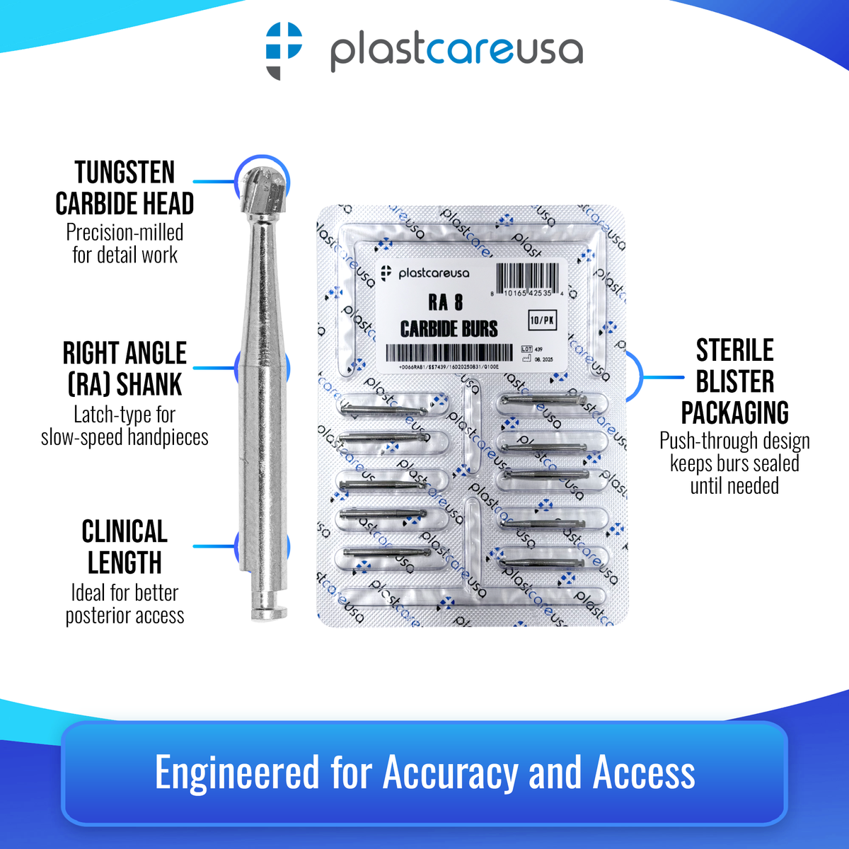 PlastCare USA RA8 Carbide Burs - 100 Pack for Slow Speed - side view | DoctorSupplies.com