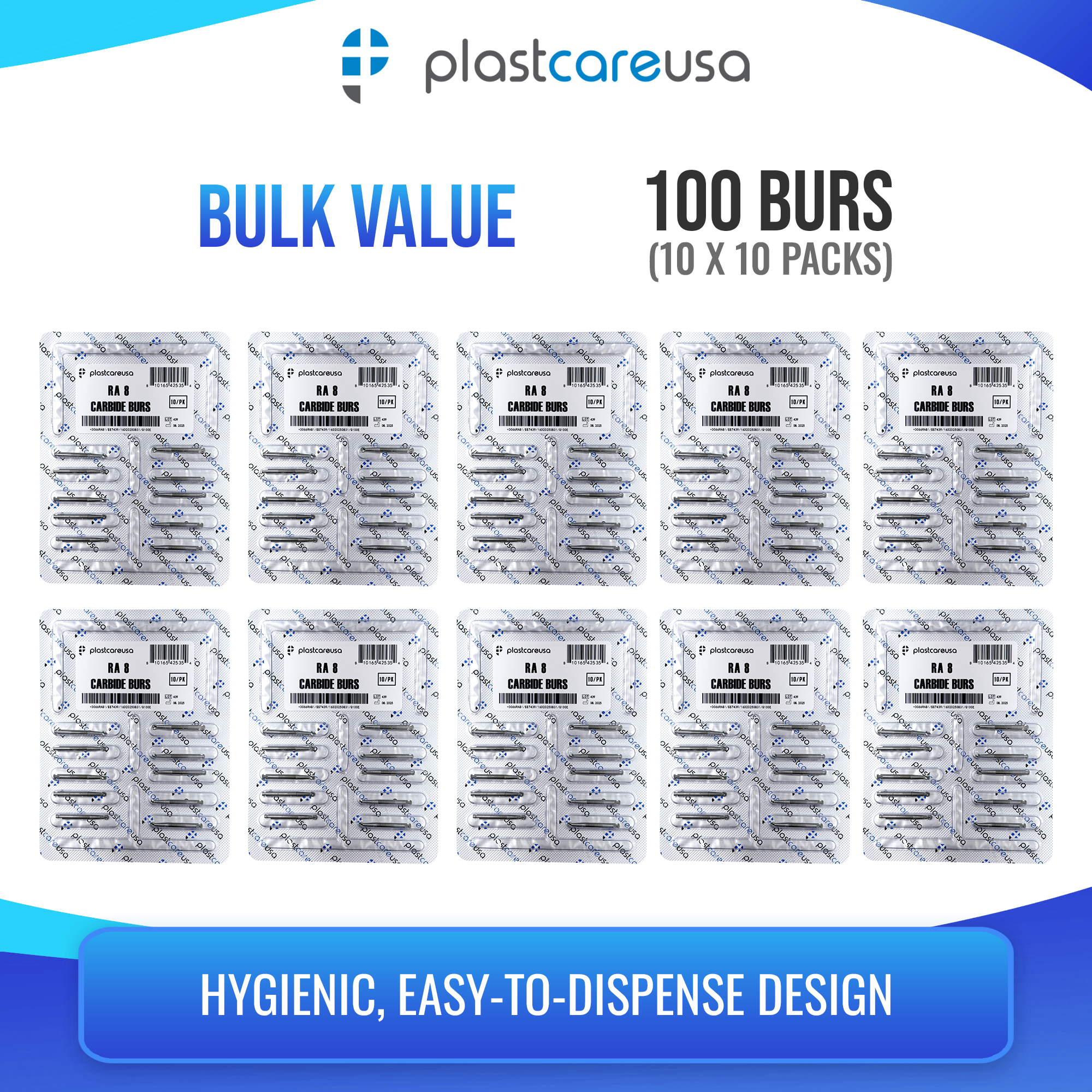 PlastCare USA RA8 Carbide Burs - 100 Pack for Slow Speed - detail view | DoctorSupplies.com