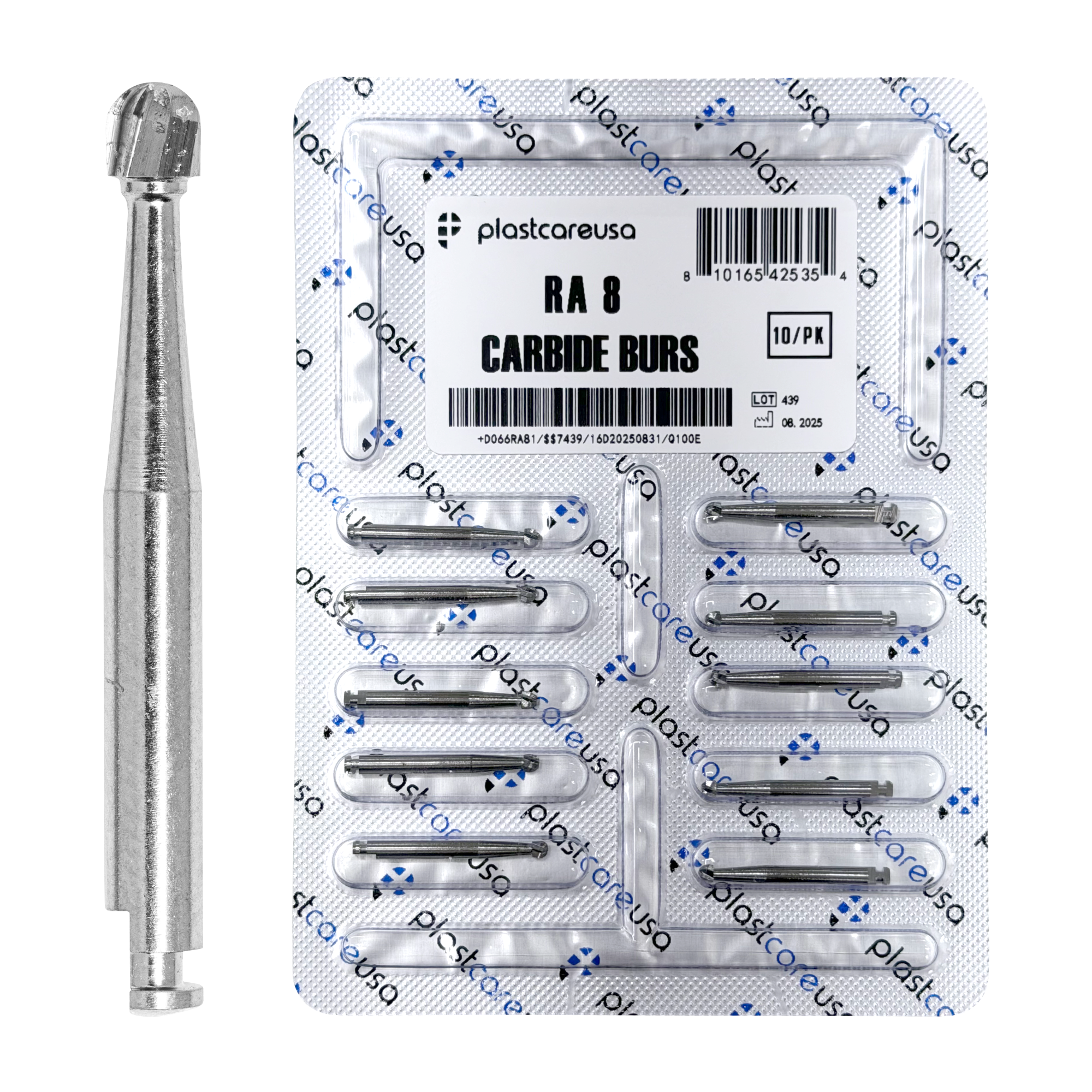 PlastCare USA RA8 Carbide Burs - 100 Pack for Slow Speed - front view | DoctorSupplies.com