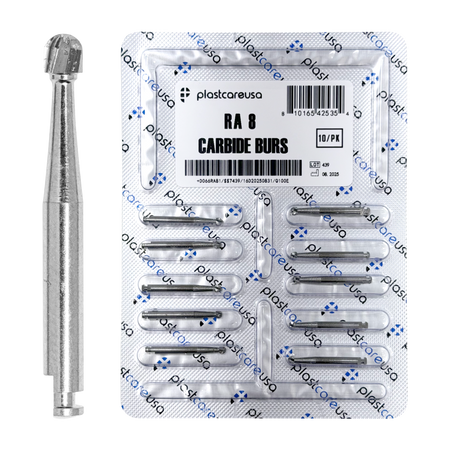 PlastCare USA RA8 Carbide Burs - 100 Pack for Slow Speed - front view | DoctorSupplies.com