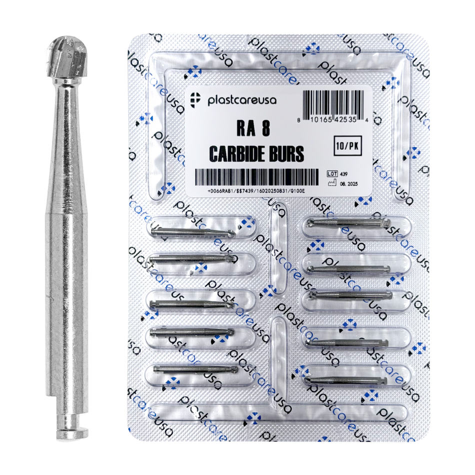 PlastCare USA RA8 Carbide Burs - 100 Pack for Slow Speed - front view | DoctorSupplies.com