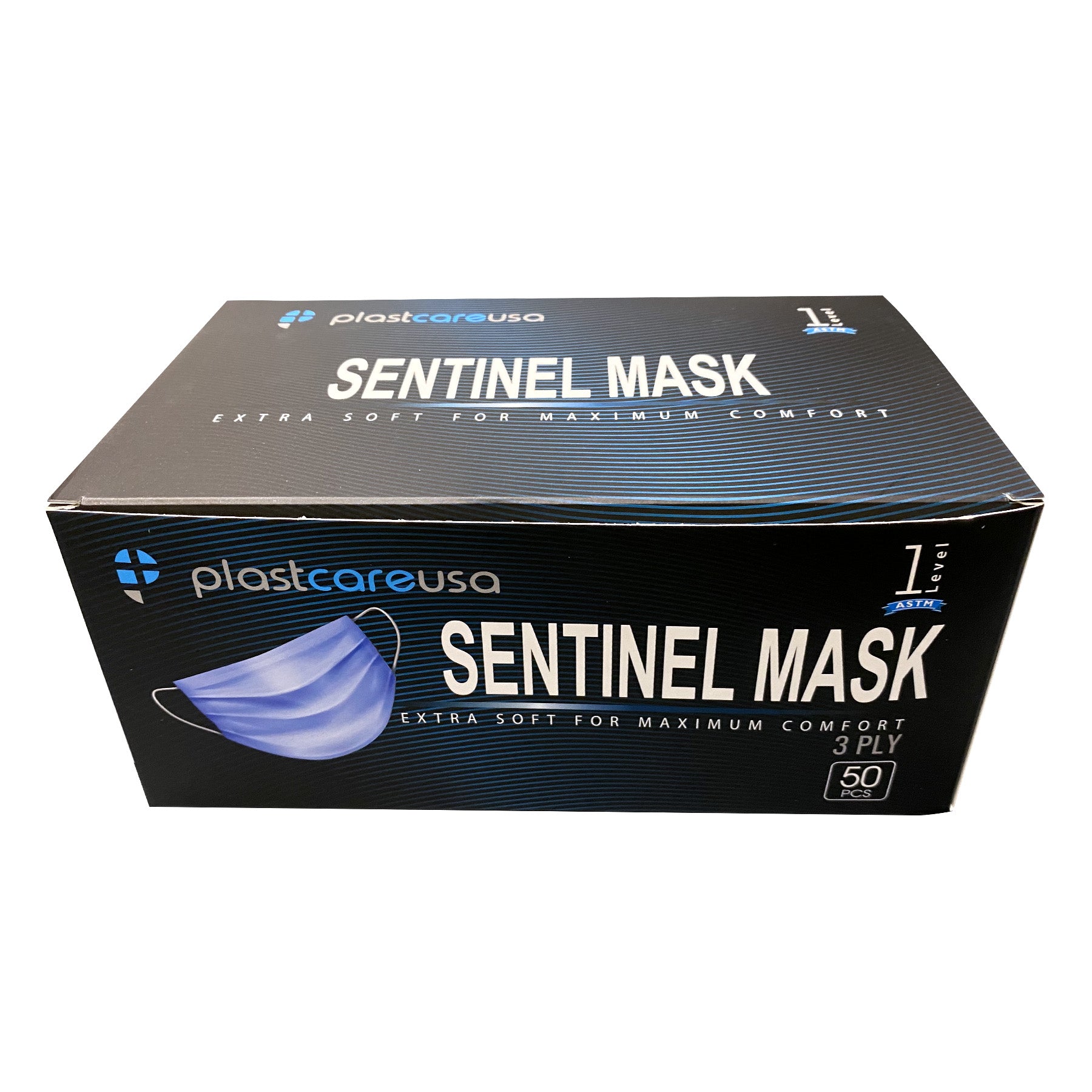 ASTM Level 1 Blue Surgical Earloop Mask by PlastCare USA (50) - detail view | DoctorSupplies.com