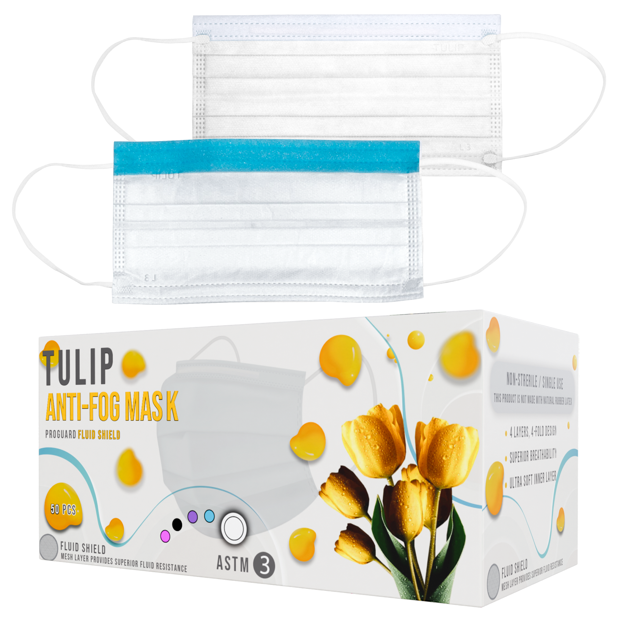 40 White Fluid Shield ASTM Level 3 Masks 4-Layer w/ Anti Fog Strip - view 8 | DoctorSupplies.com