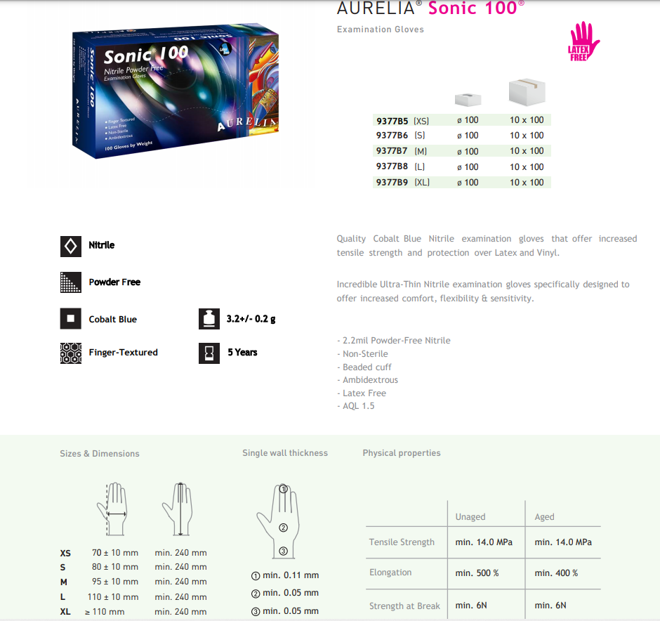 1000 Small Aurelia Sonic-100 Blue Nitrile 2.2 mil Powder Free Examination Gloves (10 Boxes) - My DDS Supply