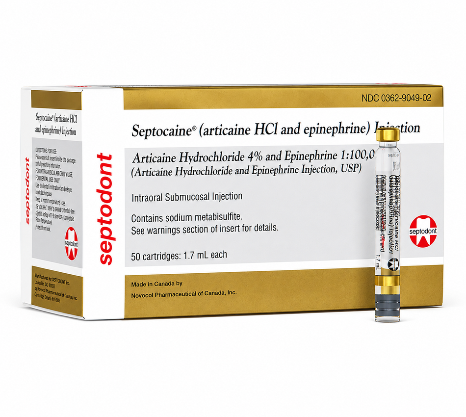 Septocaine® (Articaine HCl 4% with Epinephrine 1:100,000) Dental Anesthetic Cartridges – 1.7 mL, Box of 50
