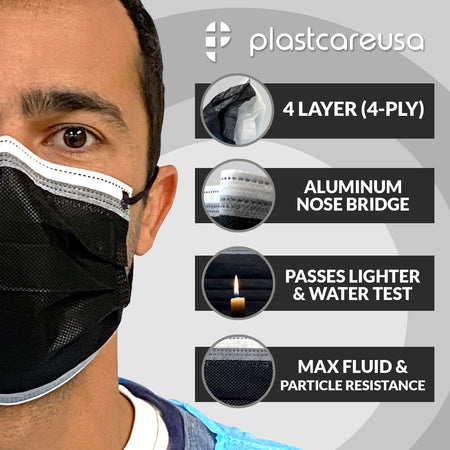 50 4-Ply ASTM Level 3 Black w/ White Stripe Surgical Masks by PlastCare USA - My DDS Supply