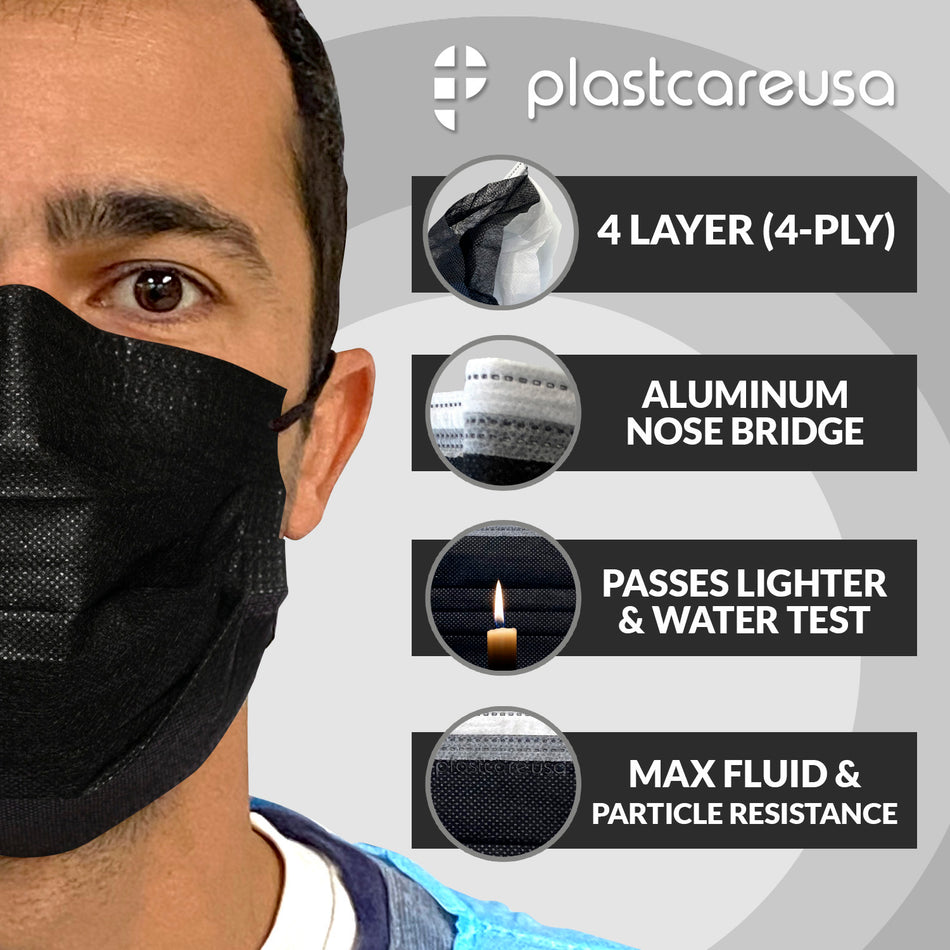 Black 4-Ply ASTM Level 3 Surgical Masks - Box of 50 - front view | DoctorSupplies.com