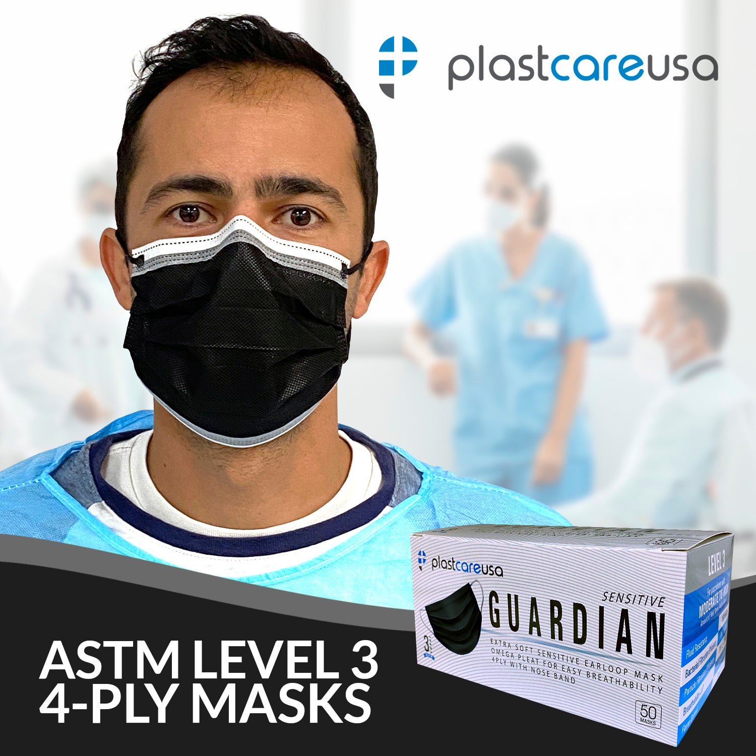 50 4-Ply ASTM Level 3 Black w/ White Stripe Surgical Masks by PlastCare USA - My DDS Supply