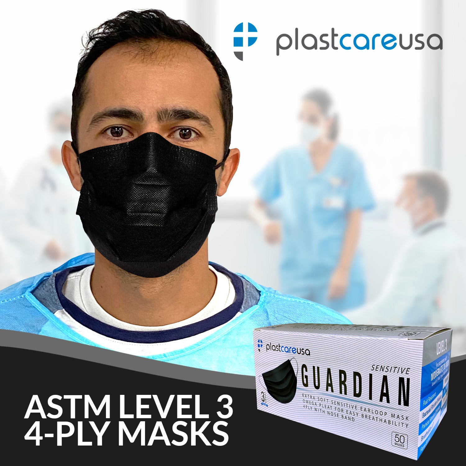 Black 4-Ply ASTM Level 3 Surgical Masks - Box of 50 - side view | DoctorSupplies.com