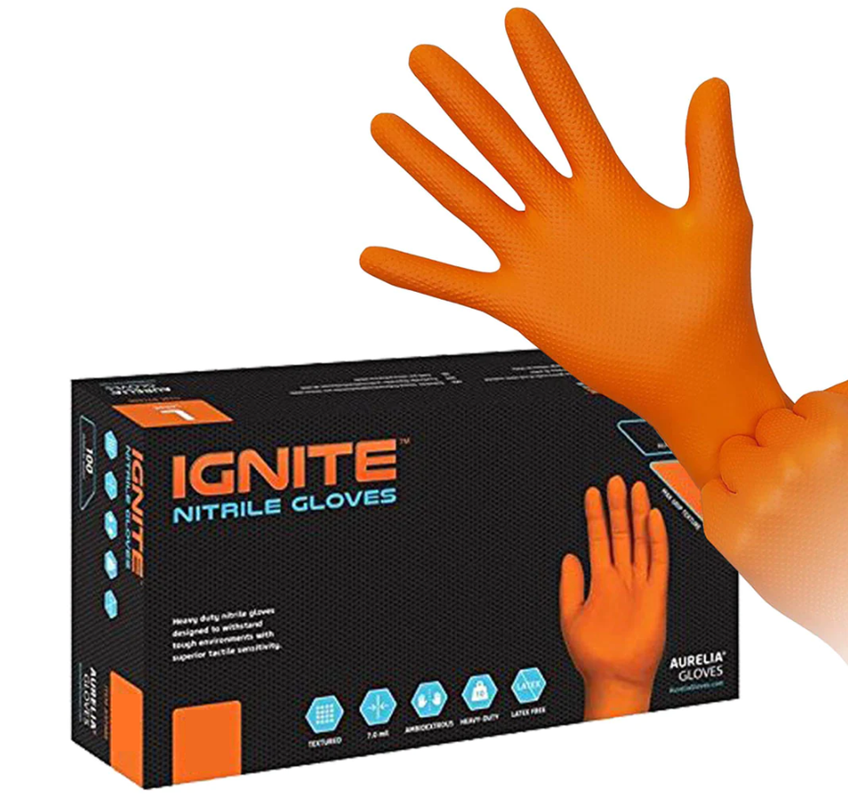 Aurelia Ignite 7mil Nitrile Gloves - Orange, Medium (1000/Case) - front view | DoctorSupplies.com
