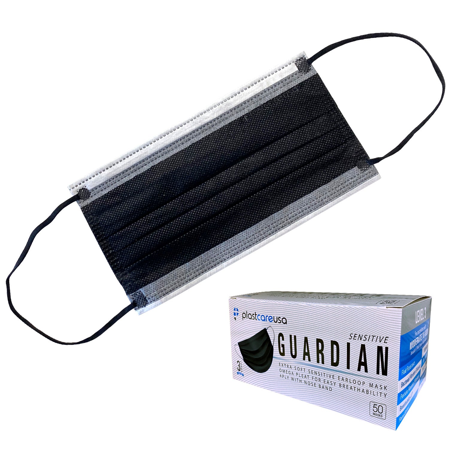 50 4-Ply ASTM Level 3 Black w/ White Stripe Surgical Masks by PlastCare USA - My DDS Supply