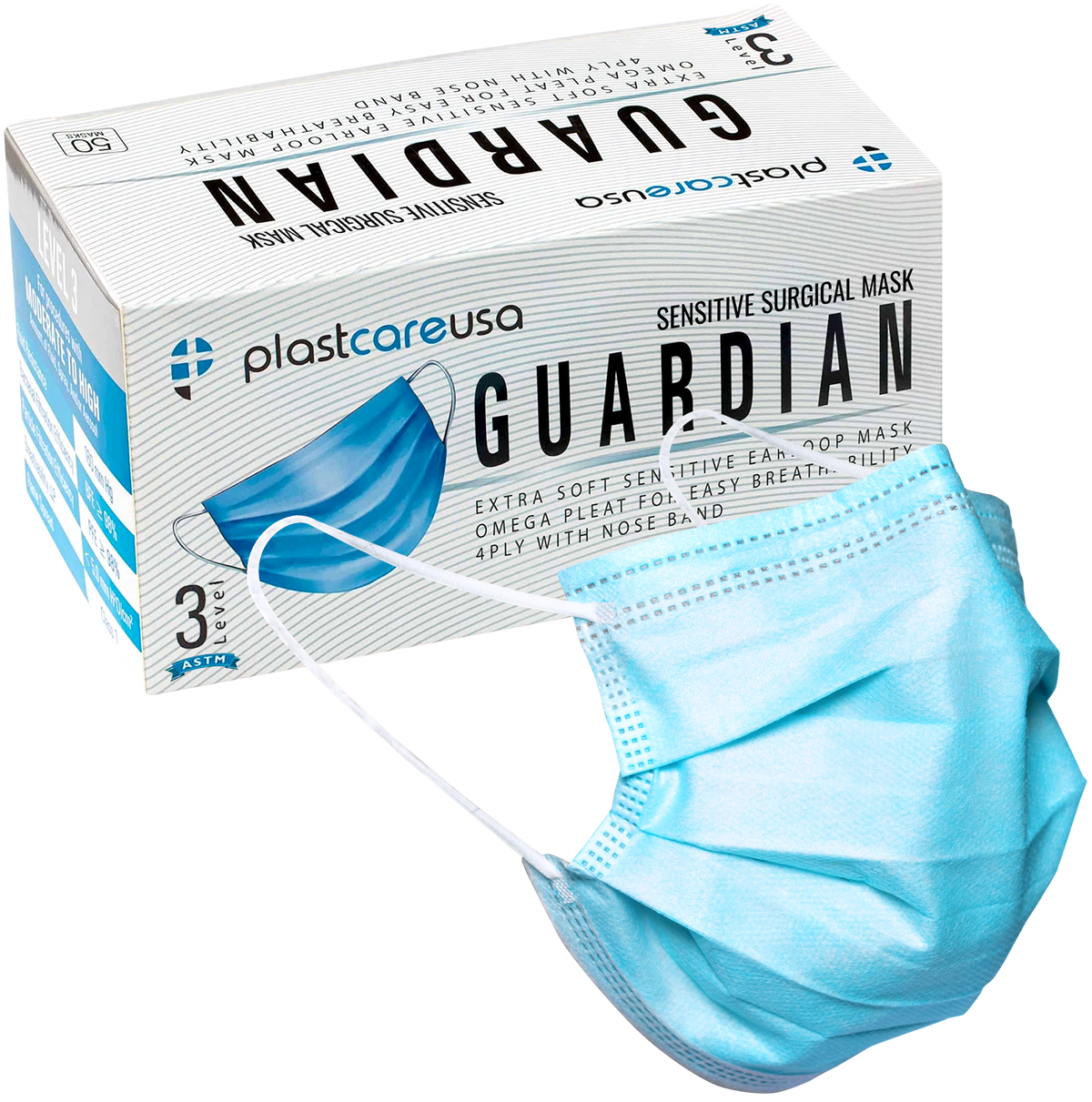 4-Ply ASTM Level 3 Surgical Masks (Blue) Box of 50 by PlastCare USA | DoctorSupplies.com