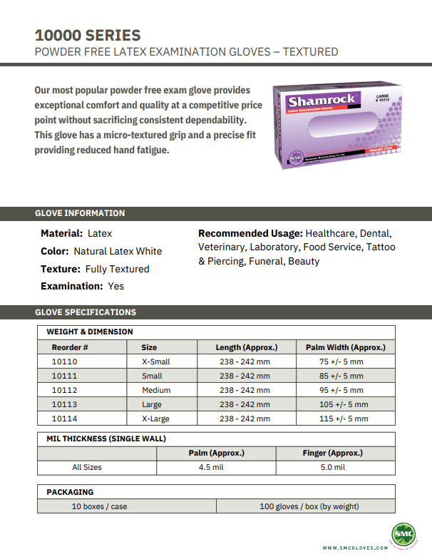 Shamrock 10000 Latex Exam Gloves Powder-Free Small 1000/Case - front view | DoctorSupplies.com