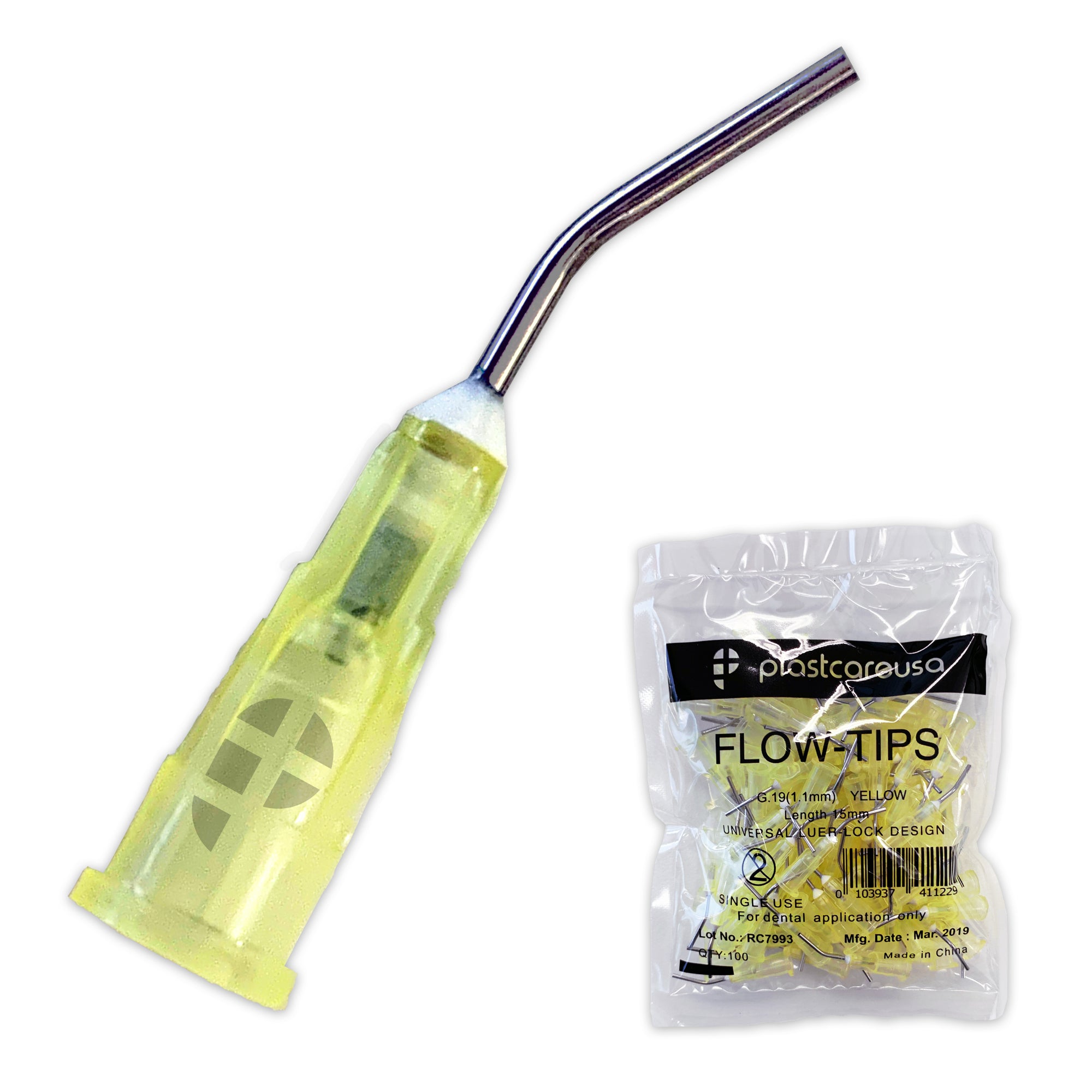 PlastCare USA Pre-Bent Applicator Tips 19G Yellow (100/Bag) | DoctorSupplies.com